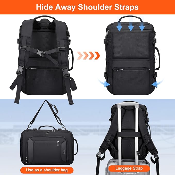 PIJUSHI Travel Backpack for Women Men Flight Approved Carry on Bag 16 inch Laptop Personal Item Daypack with Shoe Compartment(PE038 Black)