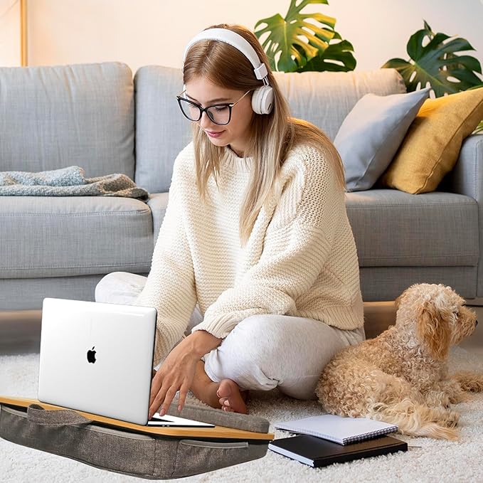 Portable Lap Desk for Laptop with Cushion, Storage Bag Fits Up to 15.6 Inch Laptop, Adults with Ipad/Phone & Pillow Holder for Home Office Bed Couch- Light Wood Color