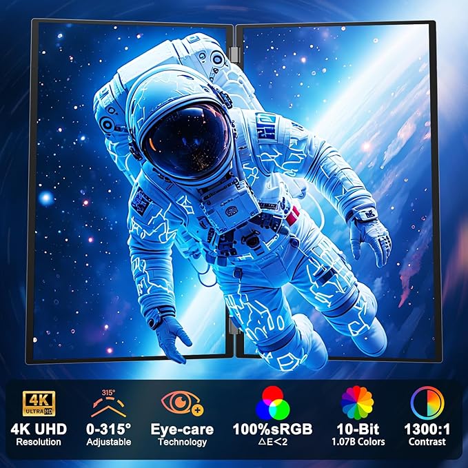 InnoView 23.8" 4K Dual Mnonitor Built-in Speakers UHD 3840x2160 Dual Screen Monitor 100% sRGB 315°Adjustable Foldable Monitor for Laptop MacBook Windows with DP Type-C HDMI (No Driver Needed)