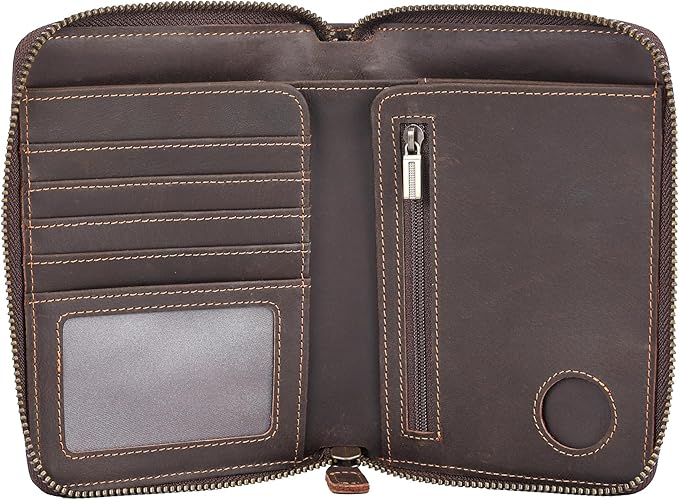 Polare Full Grain Leather Travel Passport Wallet with YKK Zipper and RFID Blocking Document Organizer Holder 2 Passports (Dark Brown with AirTag Slot)