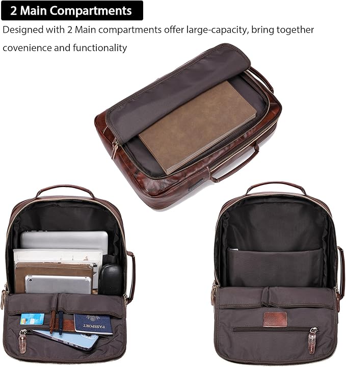 LANNSYNE Vegetable Tanned Leather Backpack for men, Expandable Leather Backpack Fits 15.6 Laptop, Tote Shoulder Travel Bag Rucksack
