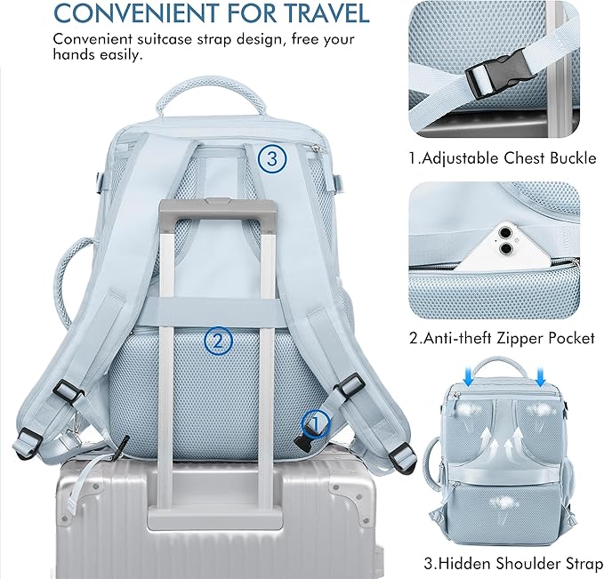 Beraliy Large Travel Backpack Women, Airline Approved Backpack, Carry On luggage, 17 inch Laptop Backpack, Waterproof Business Hiking Bag, Light-blue
