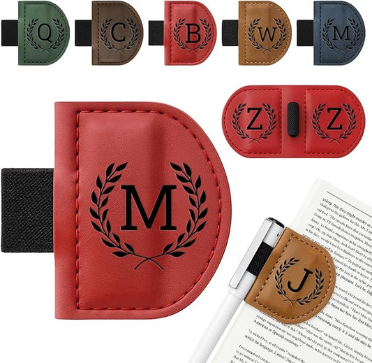 Personalized Bygone Mark Bookmark with Pen Holder,Engraving Leather Magnetic Bookmarks Vintage 26 Letters Name Initials Text Book Marker Clips Gifts for Reading Book Lovers Women (Red, M)