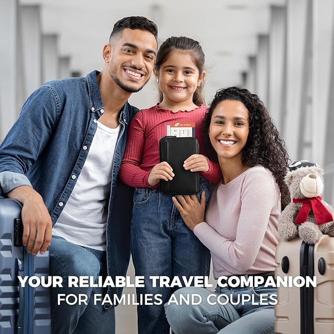 VULKIT Leather Passport Holder for 4-8 Passports Family Passport Wallet with Zipper Travel Documents Organizer for Men or Women(Black)