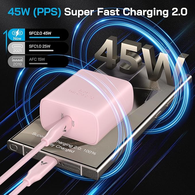 45W Super Fast Charger USB C, 45 Watt Type-C Android Phone Charger Fast Charging Block with 10FT Type C Cords for Samsung Galaxy S25 Ultra/S24 Ultra/S24+/S23 Ultra/S22 Plus/S20, Tab S9/S8 Ultra(Pink)