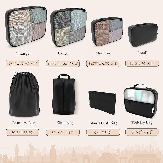 Shacke Premium 8 Packing Cubes Set - Lightweight Mesh Travel Luggage Organizers with Laundry Bag, 8-Piece Suitcase Storage System (Air Black)