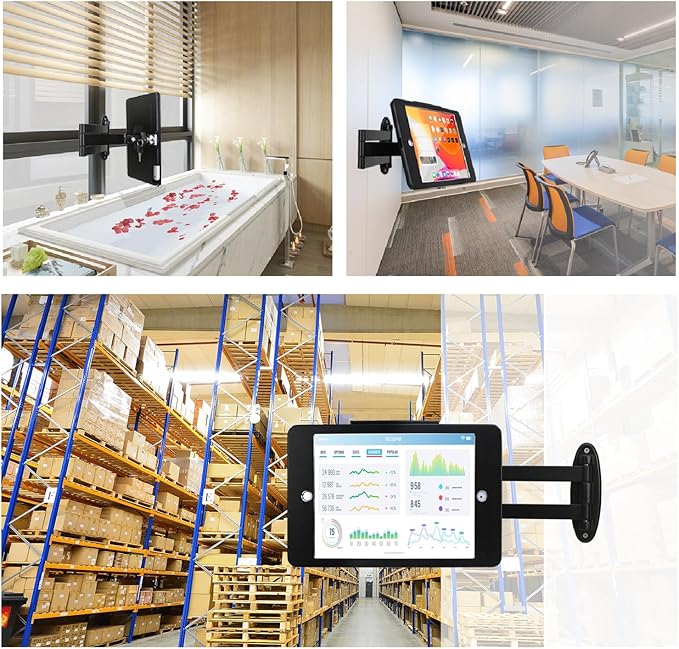 Tablet Wall Mount Bracket with fold for iPad 10.2-Inch (9th,8th,7th Gen.), Extend Adjustable Arm Swivel with Anti Theft Security Lock and Key, Multi Angle, Rotate Design,Metal (Black)