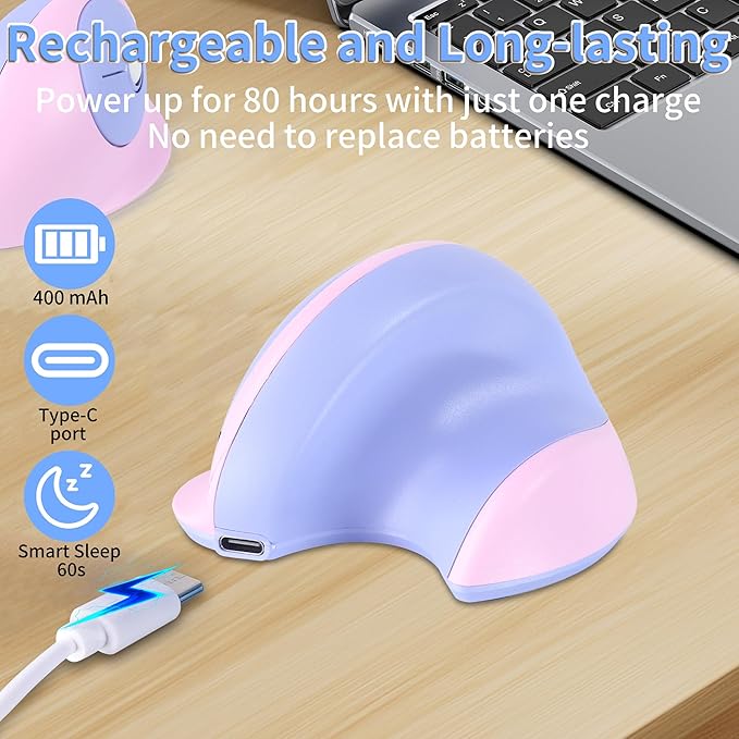 Wireless Mouse Ergonomic Vertical Mouse with Bluetooth & 2.4GHz USB Receiver 3 Buttons Rechargeable Silent Portable Optical USB Cordless Mice for Laptop PC Desktop Tablet Kids Adults Gifts (Purple)