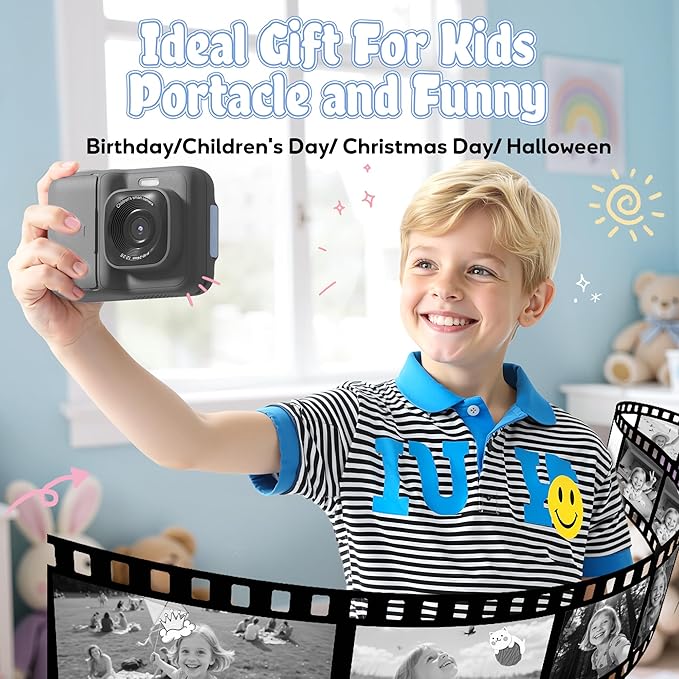 Kids Camera, 1080P Instant Digital Print Camera for Kids, Christmas Birthday Gifts for 4 5 6 7 8 9 10 Year Old Girls Boys, Portable Toy with 32GB SD Card & 3 Rolls Printing Paper, Black