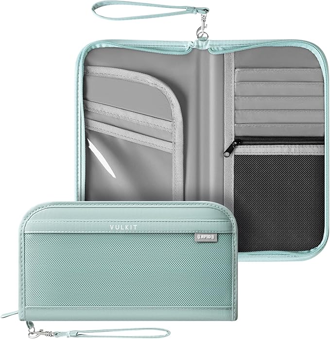 VULKIT Passport Wallet Passport Family Holder RFID Blocking Travel Card Organizer with Wrist Strap for Men or Women(Green)