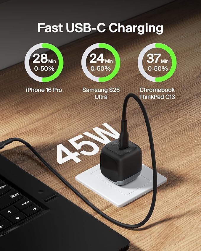Belkin USB C Charger Block 45W - PD3.1 PPS Super Fast Charging - Samsung Galaxy S25, S24, Apple iPhone 17, Air, Pro, Pro Max, AirPods, Apple Watch, Google Pixel 10, Nintendo Switch, etc - Black