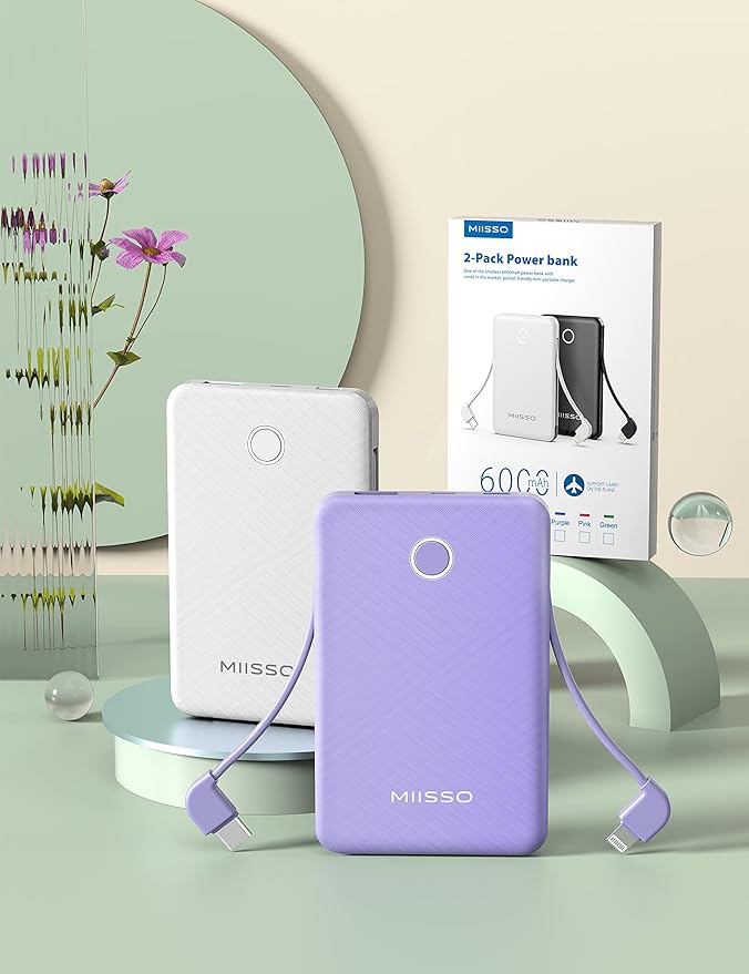 2-Pack 6000mah Ultra Slim Built in Cables Power Bank, Card Size Built in USB C Cords Battery Pack Portable Charger for Phones, 3 Output External Battery Pack Compatible with iPhone, White & Purple