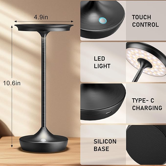 LED Cordless Table Lamp Rechargeable - Outdoor 6000mAh Battery Operated Portable Table Lights 3 Color Stepless Dimming Table Lamps with Memory Function for Patio Restaurant Dining Black