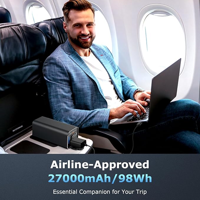 Portable Power Bank, 100W AC Outlet Laptop Charger, 98Wh/27000mAh High Capacity with 65W PD USB C Laptop Battery Bank, Backup Power Source for Business Travel and Outdoor Activities