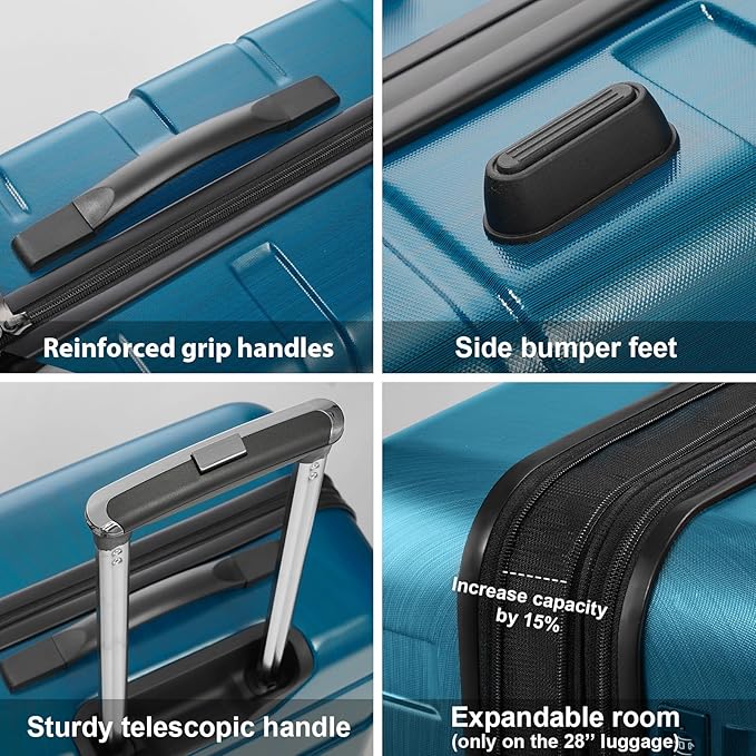 Coolife Luggage Expandable 3 Piece Sets PC+ABS Spinner Suitcase 20 inch 24 inch 28 inch (Caribbean Blue., 3 piece set)