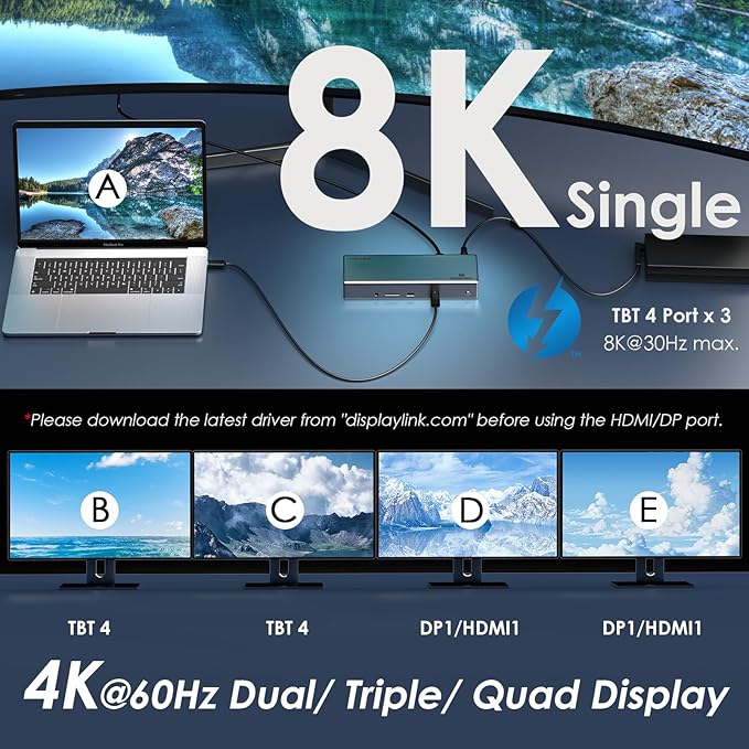 WAVLINK Thunderbolt 4 Dock with 100W Charging, Displaylink Docking Station Quad 4K@60Hz Monitor,3 Thunderbolt 4 Ports, 2.5G Ethernet, Thunderbolt Dock for Mac M1-M4 and PC,Displaylink Driver Required