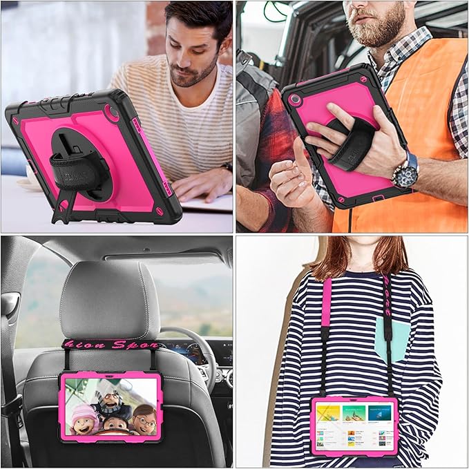 SEYMAC stock Case for Samsung Galaxy Tab A9 8.7'', Full-Body Drop Protection Case with Screen Protector Pencil Holder [360° Rotating Hand Strap] &Stand, Pink+Black