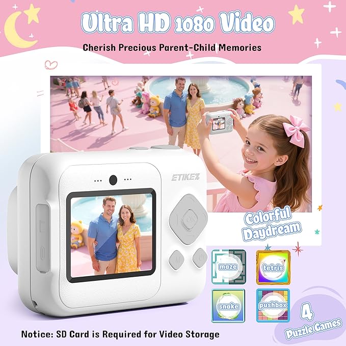 Kids Camera, 1080P Instant Digital Print Camera for Kids, Christmas Birthday Gifts for 4 5 6 7 8 9 10 Year Old Girls Boys, Portable Toy with 32GB SD Card & 3 Rolls Printing Paper, 1 Count, White