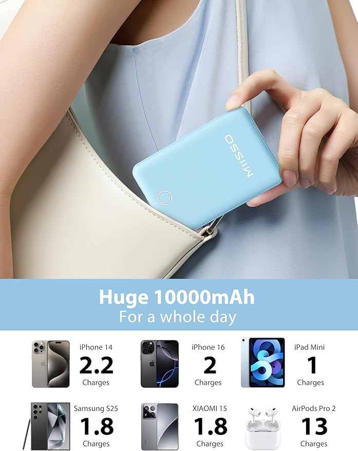 10000mAh Slim Portable Charger with Built in Cable, Power Bank Travel Charger External Battery Pack for Phone, 3 Output USB Type C Cord Clutch Charger Compatible with iPhone, Blue