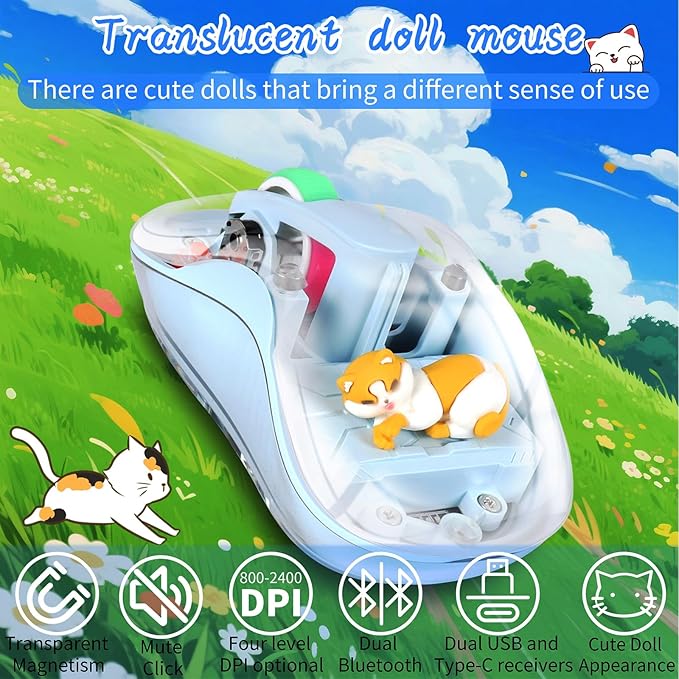 elec Space Cute Wireless USB C Mouse - Bluetooth Triple Mode Rechargeable Cartoon Mouse for Laptops, iPads & MacBook Air/Pro - Silent Operation, Portable Design, Unique Magnetic Character (Blue)