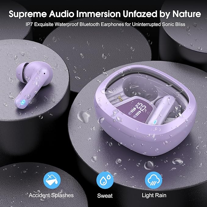 Wireless Earbuds, Bluetooth 5.4 Headphones, HiFi Stereo Bass Ear Buds, in Ear Earbuds with 4 ENC Noise Cancelling Mic, 45H, LED Display, IP7 Waterproof, Earphones for Phone Android/iOS Sports, Purple
