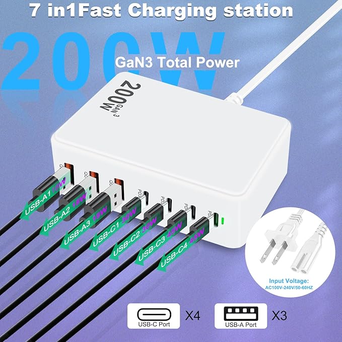 USB Fast Charger Block 200W usbc Charging Block, Upgraded GaN 7-Port Fast Charging Station Hub, USB-C Laptop Charger Adapter, Compatible with MacBookAir/Pro, DELL, iPhone16/15, iPad, Steam (White)