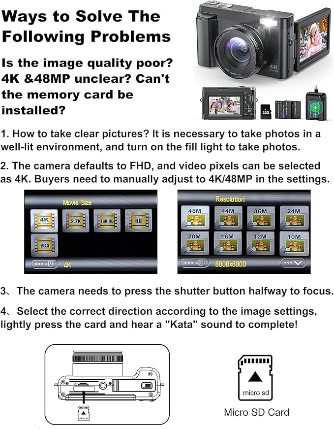 4K Digital Camera for Photography and Video, Autofocus Anti-Shake 48MP Vlogging Camera for YouTube, 3'' 180°Flip Screen Camera with Flash 16X Zoom, Digital Camera with 32GB Card Battery Charger Black