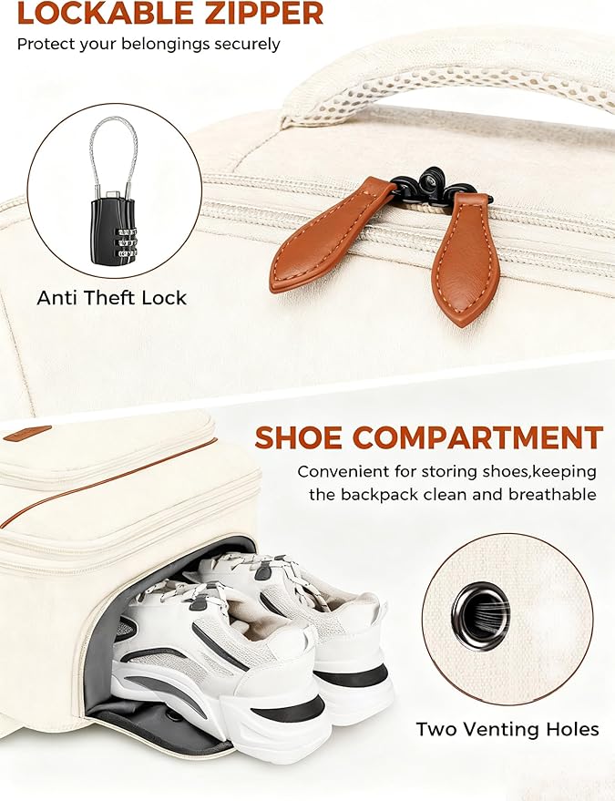 Vancropak Travel Backpack for Women, Airline Approved Carry On Backpack with 3 Packing Cubes, Expandable Large 40L Travel Bag fits 17" Laptop, Anti Theft Luggage Suitcase Weekend Daypack, White Brown