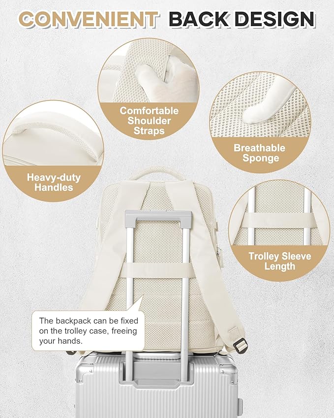 Carry On Backpack for Women, Airline Approved Large Travel Backpack Flight Approved, Waterproof 14 Inch Laptop Backpack Business Work Backpacks Bag Men Beige Mochila De Viaje