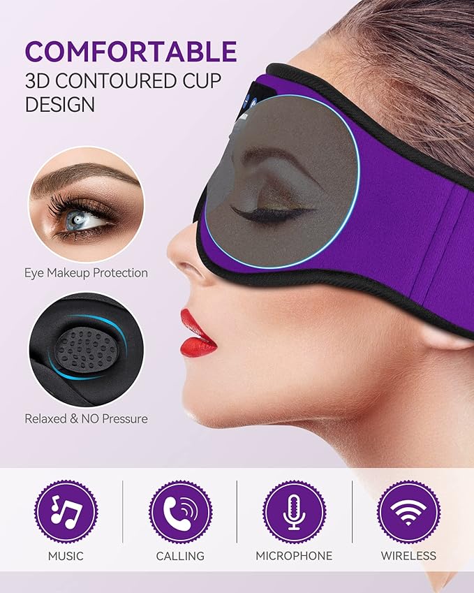 MUSICOZY 3D Bluetooth Sleep Mask with HD Stereo Sound, Wireless Sleep Headphones for Side Sleepers, Music Headband Eye Mask for Sleeping, Relaxation, Travel, Yoga, Cool Gadgets for Women Mom Girls