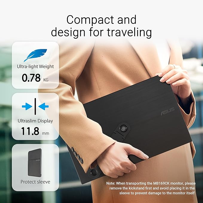 ASUS ZenScreen 16” Portable USB Monitor (MB169CK) - Full HD, IPS, Dual USB-C, Mini-HDMI, Eye Care, Flicker Free, Blue Light Filter, Anti-Glare Surface, 360° Kickstand, 3 yr Warranty