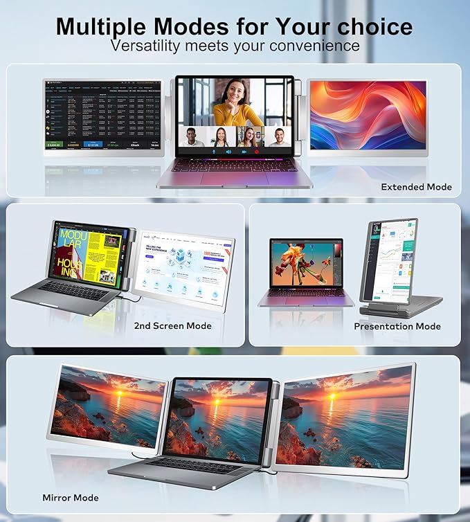FOPO 14" Triple Monitor Laptop Screen Extender-FHD 1200P 16:10 Laptop Screen Extender, Left Screen 360° Flip Portable Monitor for 12-16.5" Laptops with HDMI/USB-C, Plug & Play - S7