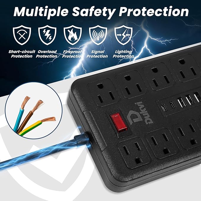 Surge Protector Power Strip with 10 Widely-Spaced Outlets & 6 USB(2USB C) Ports, 10ft Flat Plug Extension Cord Wall Mountable, Desktop Charging Stations for Home Office Bedroom Kitchen