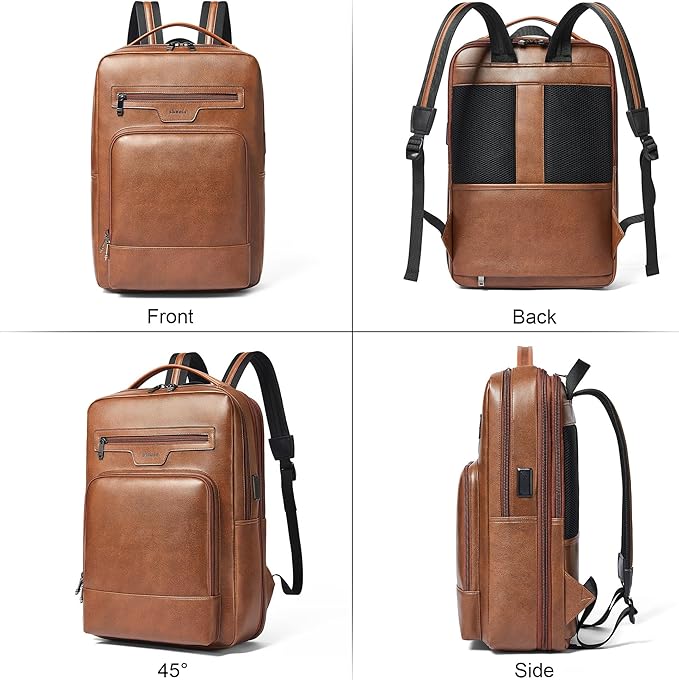 Shrrie Leather Laptop Backpack for Women and Men,28 L Travel Backpack Computer Bag Fits 16 inch Laptop,Expandable Casual Daypack with USB Port for Work Business Weekender College,Brown