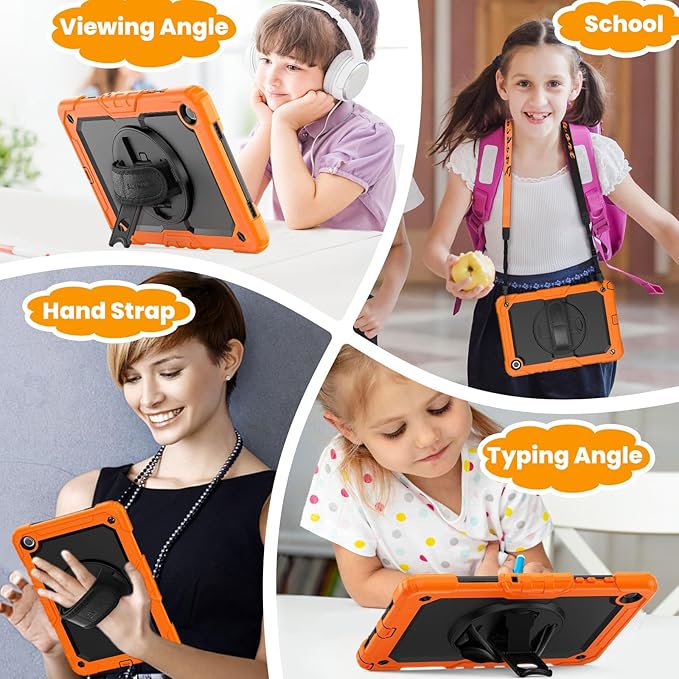 SEYMAC stock Case for Samsung Galaxy Tab A9+ Plus 11'', Full-Body Drop Protection Case with Screen Protector Pencil Holder [360° Rotating Hand Strap] &Stand, Orange+Black