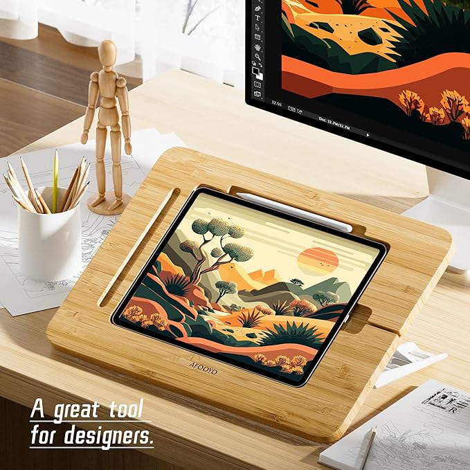 Bamboo Tablet Drawing Stand - Portable & Adjustable 5 Angles,Laptop Stands Riser, Book Reading Stand,Compatible with 9.7/10.2/10.5/10.9/11 inches