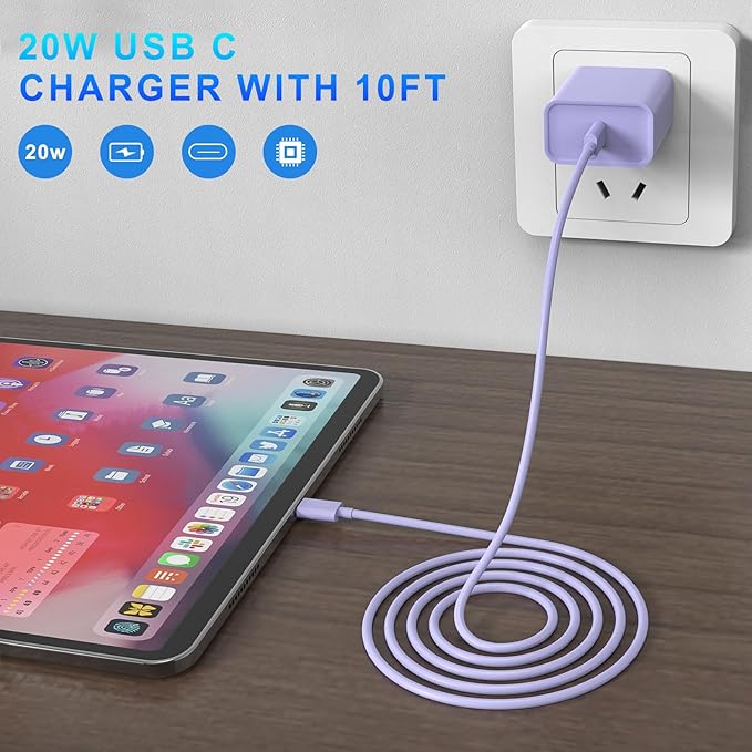 iPhone 17 16 15 Charger Fast Charging, 3 Pack PD 20W USB C Charger with 10FT Cord, USB C Cable Type C Chargers Block for iPhone 17/17 Pro/17 Pro Max/16/16 Plus/16 Pro/16 Pro Max/15/15 Pro（Purple）