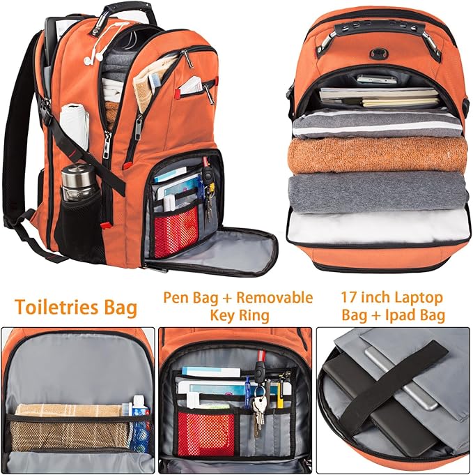 Extra Large 50L Travel Laptop Backpack, Computer bag Backbag with USB Charging Port, TSA Friendly Durable Big RFID Heavy Duty Business Tech Backpack Fits 17 Inch Laptops for Men Women, Orange