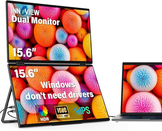 InnoView Laptop Screen Extender 15.6" Dual Portable Monitors Built-in Speakers 1080P FHD Stacked Folding Triple Monitor HDMI USB-C Portable Dual Monitor for Laptop Windows Mac (No Driver Needed)