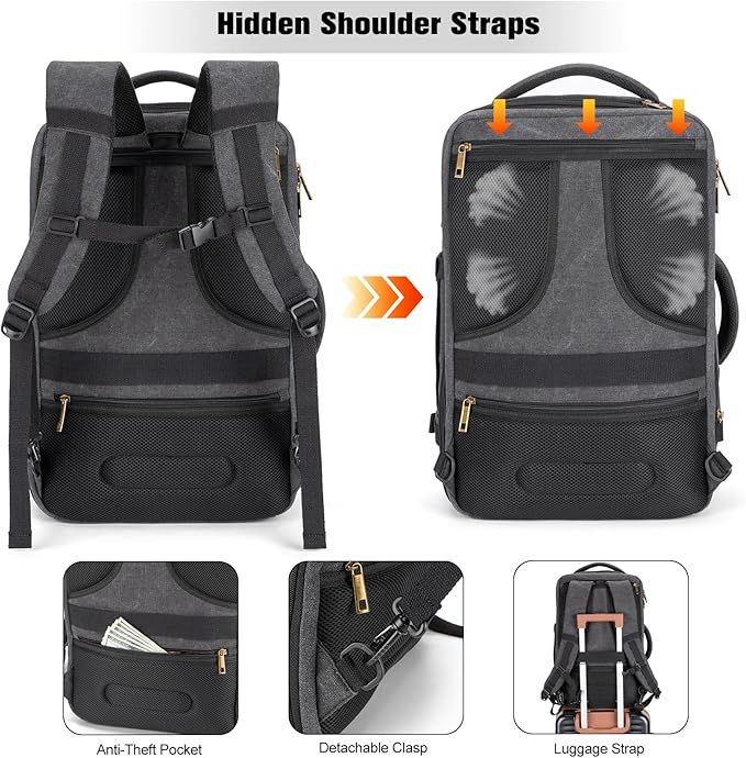 Tzowla 40L Canvas Travel Laptop Backpack for Men Women Carry on Flight Approved,Large Capacity Anti Theft Backpacks with USB Port,Vintage Business Rucksack Bag Fit 17.3 Inch Laptop(Black & Navy Blue)