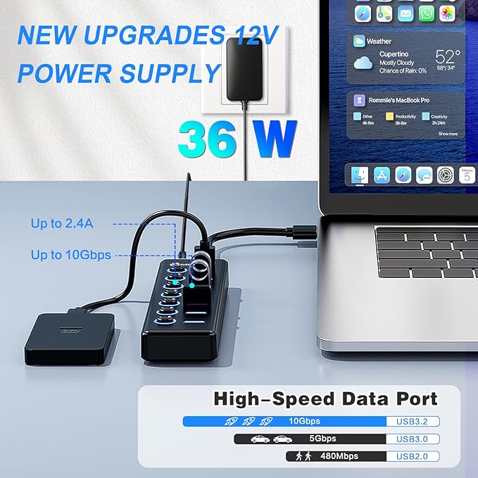 7-Port USB 3.2 Hub, Data USB Hub Splitter with Individual On/Off Switches and Lights, Compatible with Laptop, PC, MacBook, Mac Pro, Mac mini, iMac, Surface Pro and More