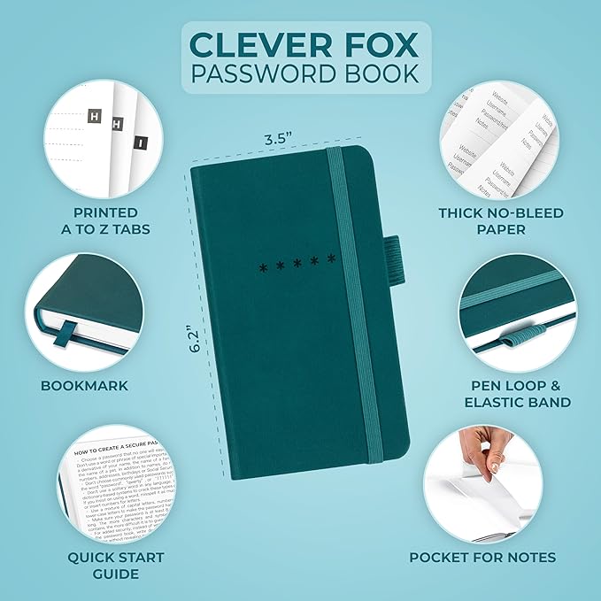 Clever Fox Password Book – Alphabetized Internet Address & Password Organizer - Computer & Website Password Keeper Notebook – Log-In Password Journal – Pocket, 6.2x3.5″, Hardcover (Dark Teal)