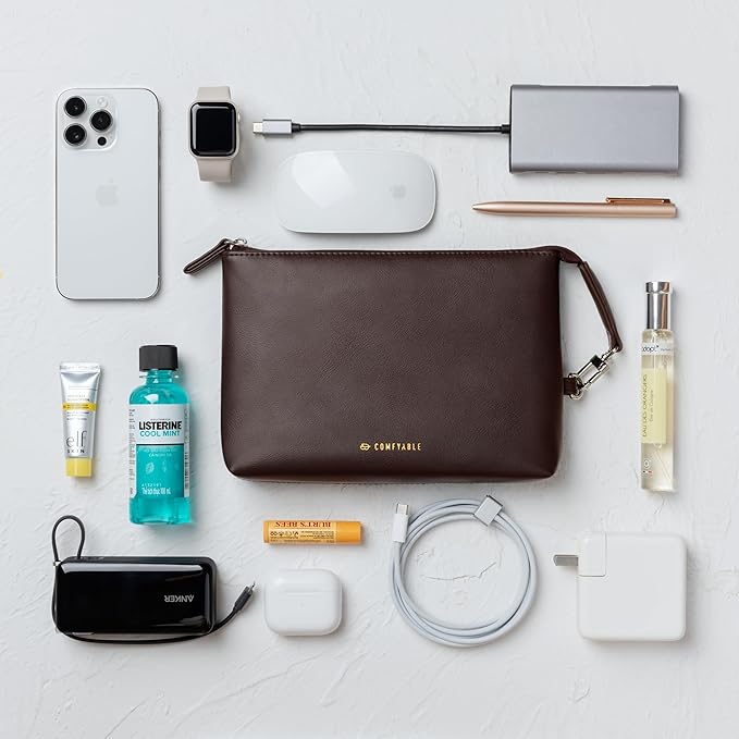 Comfyable Electronic Organizer Travel Case, Cord Storage Bag for Tech Accessories, Water-resistant Cable Organizer, Premium Leather Pouch for Charger, Phone, Cable, Mouse, Power Bank, Chocolate