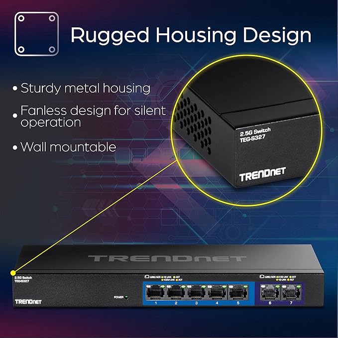 TRENDnet 7-Port Multi-Gig Gaming Switch, TEG-S327, 5 x 1G RJ-45 Base-T Ports, 2 x 2.5G RJ-45 Ports, 20Gbps Switching Capacity, Wall Mountable, Plug & Play, Lifetime Protection, Black