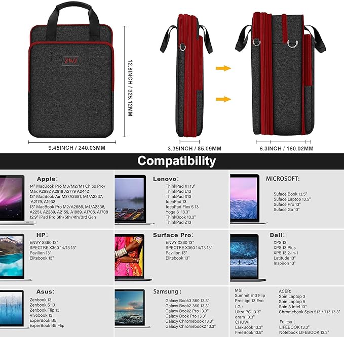 ZINZ Slim & Expandable Case 12.9 13 inch Travel Laptop Shoulder Bag for MacBook Air 13" M3/M2/M1, MacBook Pro 13" M2/M1, iPad Pro 12.9"/13"/11", iPad Air 13",B01K02