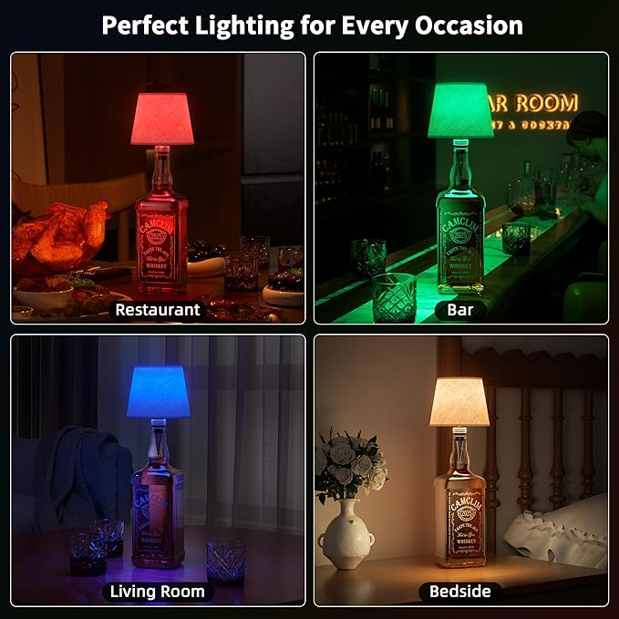 Wireless Wine Bottle Lamp Shade: Liquor Bottle Stopper Light with Remote Control Dimmable Cordless Portable Rechargeable Led Battery Operated Whiskey Bottle Lampshade for Bedside Bar Bedroom Decor