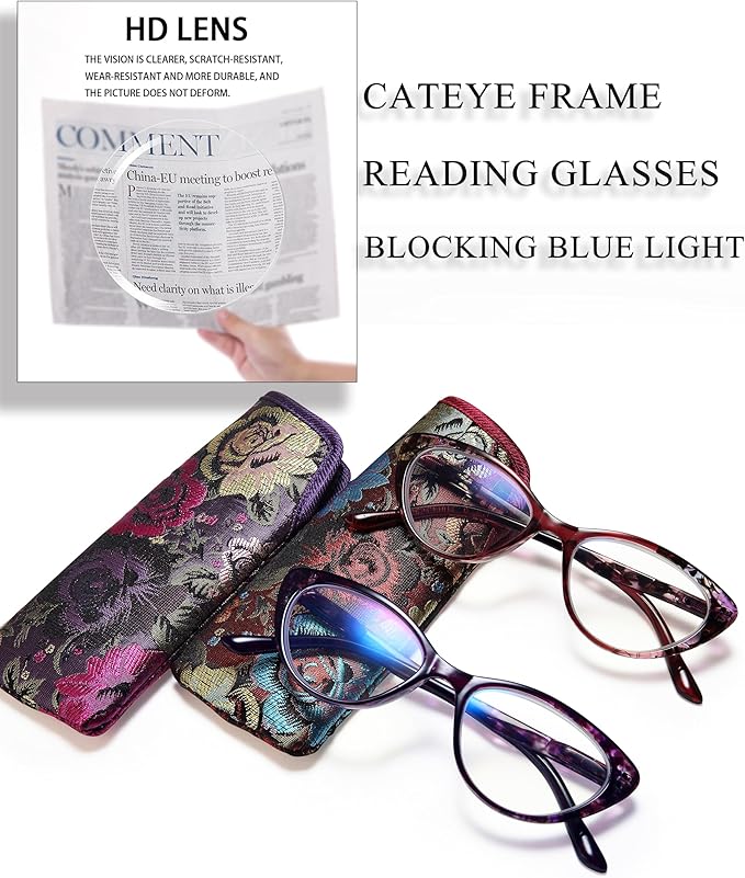 EYEURL Cat Eye Reading Glasses for Womens 2 Pack of Blue Light Blocking Readers +2.5 Spring Hinge Vintage Computer Eyeglass with Colorful Pattern Design