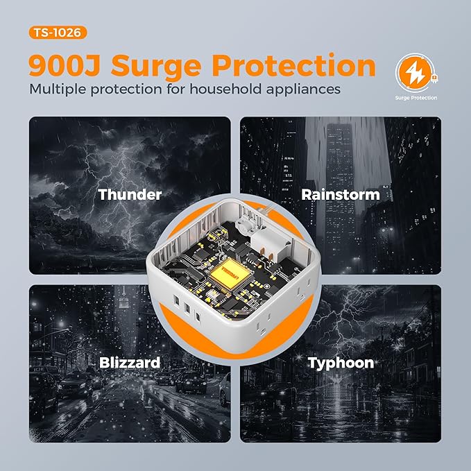 TESSAN Surge Protector Power Strip Flat Plug, Long Extension Cord 10 FT with 8 Outlets, 3 USB Ports(1 USB C), 3-Sided Outlet Extender, 900 Joules Protection, Desk Charging Station for Home, Office