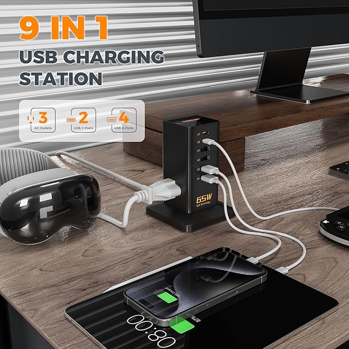 USB Charging Station for Multiple Devices 10Ft Cord, TESSAN 9-in-1 USB C Charger Block PD 65W for iPhone 16/15, MacBook, Tablet, Type C Desktop Charger with 3 AC, Home Travel Office Accessories