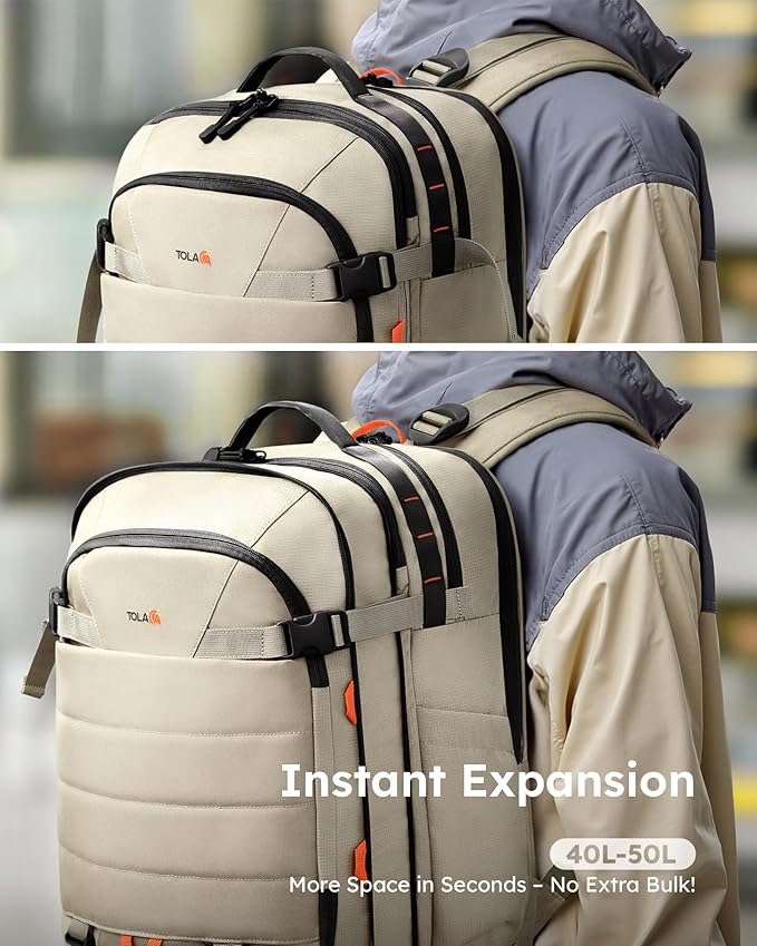 Tolaccea Carry on Travel Backpack, TSA Friendly Flight Approved Laptop Backpack Duffle Bag for Men Women with Dual Laptop Storage for 17.3", USB Charging Port, Business Rucksack 40L-50L Expandable